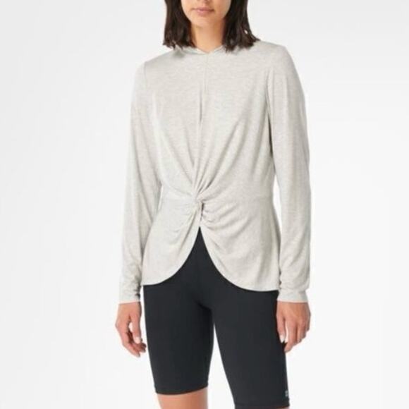 SWEATY BETTY Gray Marl Tori Twist Front Pullover Active Jacket Hooded Top Size 6 - Picture 1 of 12